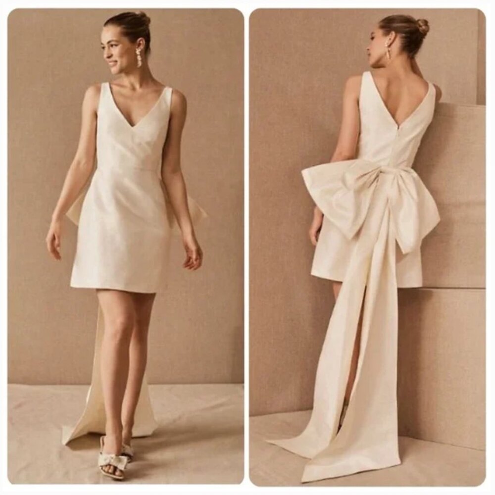 Sachi & Babi Archie V-Neck Back-Bow Mini Dress, Ivory, 14 (US)